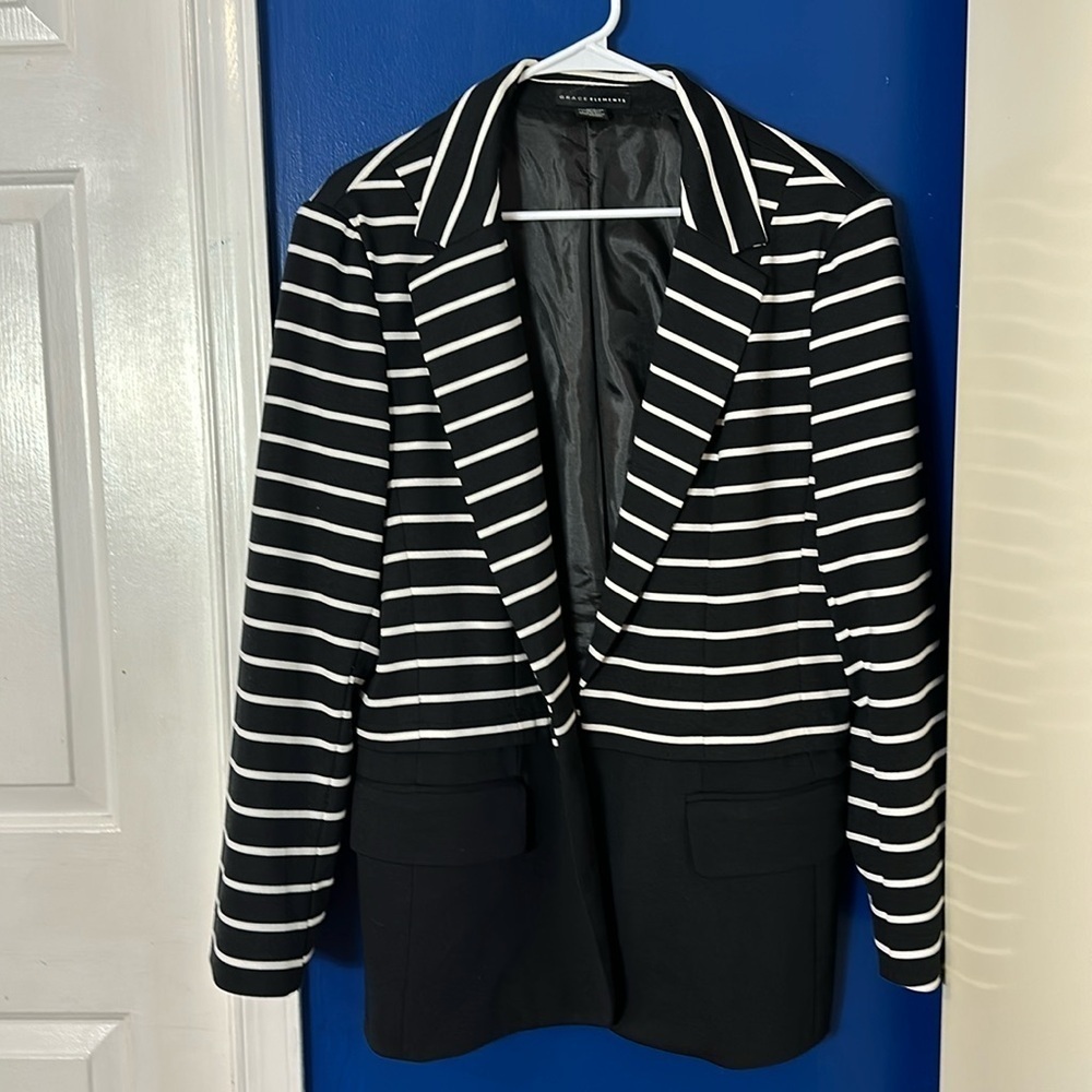 Grace Elements Black & White Striped Fully Lined Polyester & Spandex Jacket